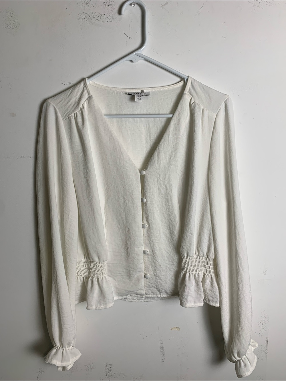 Topshop Cream V-Neck Button Front Blouse with Smocked Waist